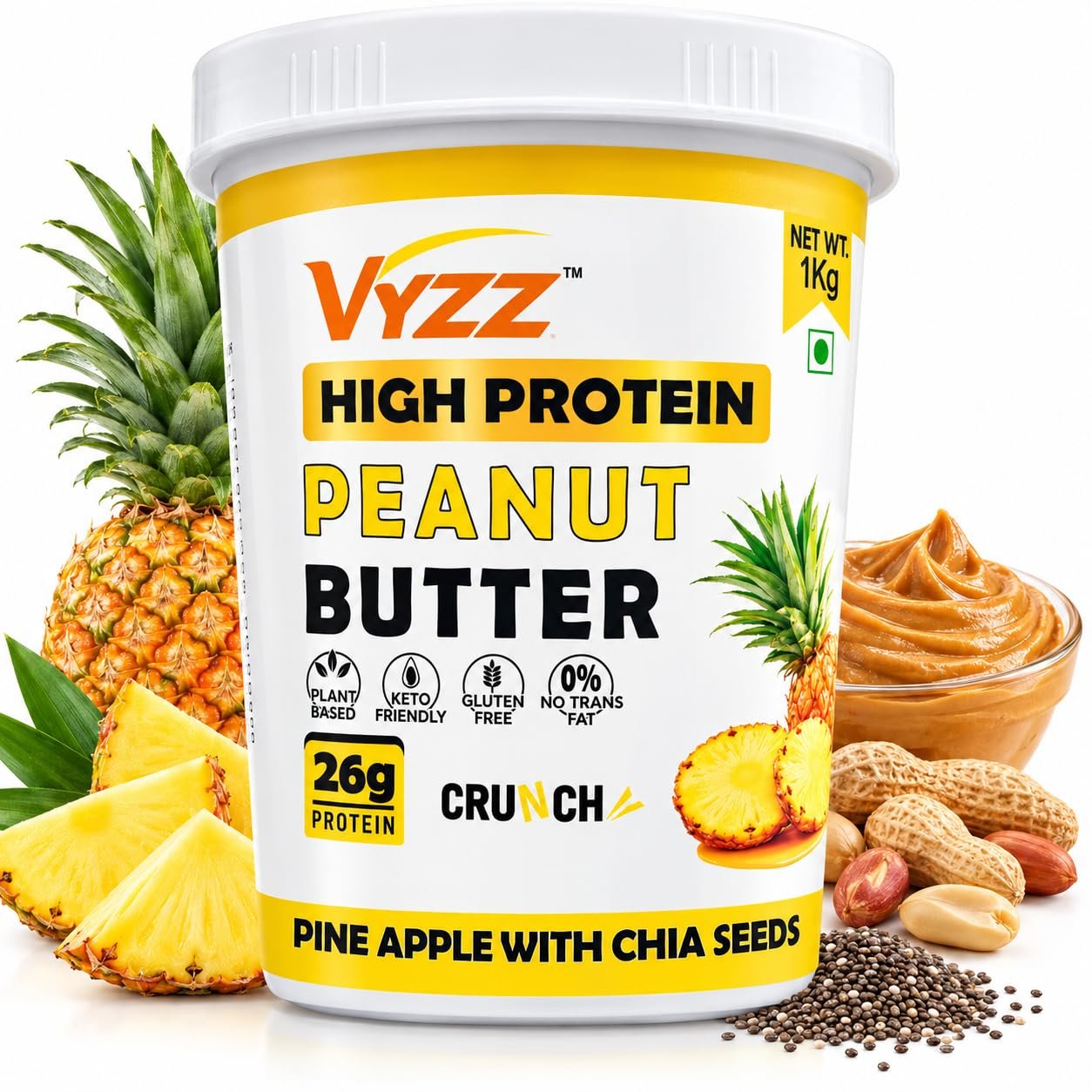 VYZZ High Protein Peanut Butter - 1 KG, Plant Based, Keto Friendly, Gluten Free, No Palm Oil, No Artificial Preservatives, 26g Protein, Rich & Crunchy Texture, Made with Premium Roasted Peanuts (Flavour - Pineapple with Chia Seeds)