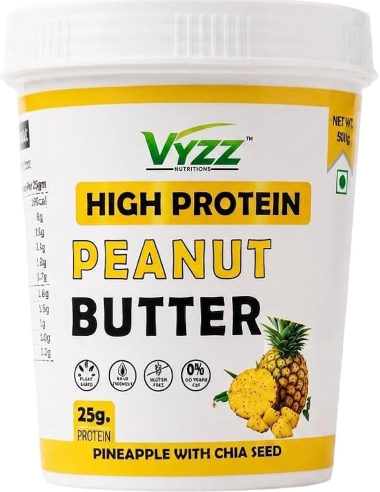 VYZZ High Protein Peanut Butter - 500 G, Plant Based, Keto Friendly, Gluten Free, No Palm Oil, No Artificial Preservatives, 125g Protein in Jar, Rich & Creamy Texture (Flavour - PINEAPPLE WITH CHIA SEEDS)