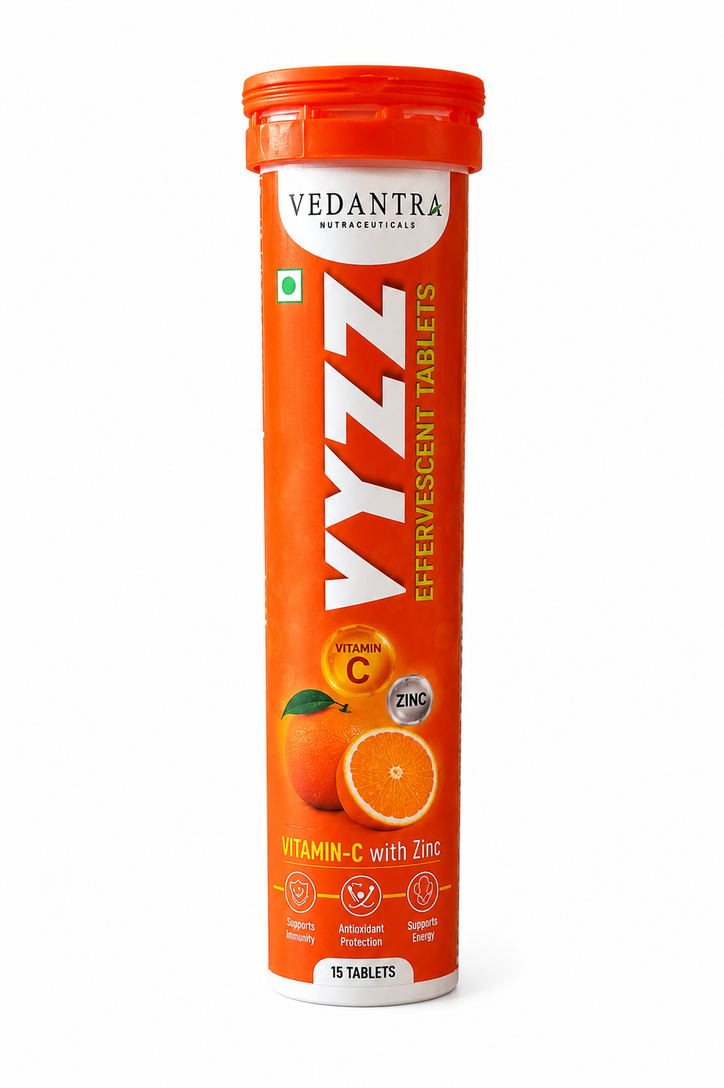 VYZZ  VITAMIN-C WITH ZINC Effervescent Tablets – Orange Flavour | 15 Tablets