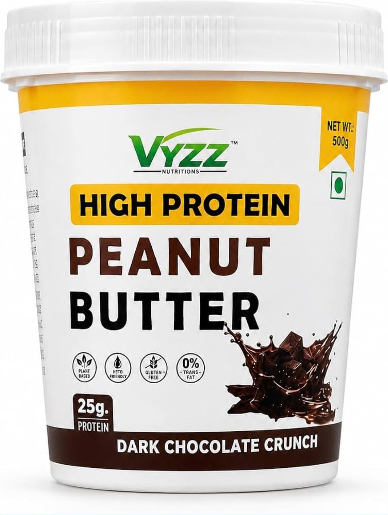 VYZZ High Protein Peanut Butter - 500 G, Plant Based, Keto Friendly, Gluten Free, No Palm Oil, No Artificial Preservatives, 125g Protein in Jar, Rich & Creamy Texture (Flavour - DARK CHOCOLATE CRUNCH))